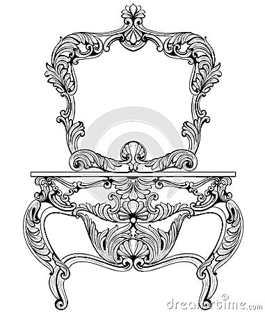 Fabulous Baroque Console Table and Mirror frame set. Vector French Luxury rich carved ornaments. Victorian wealthy Style Vector Illustration