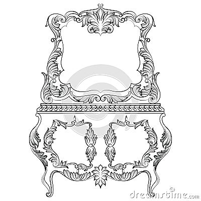 Fabulous Baroque Console Table and Mirror frame set. Vector French Luxury rich carved ornaments. Victorian wealthy Style Vector Illustration