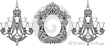 Fabulous Baroque Mirror and chandelier frame set. Vector French Luxury rich carved ornaments. Victorian wealthy Style furniture Stock Photo