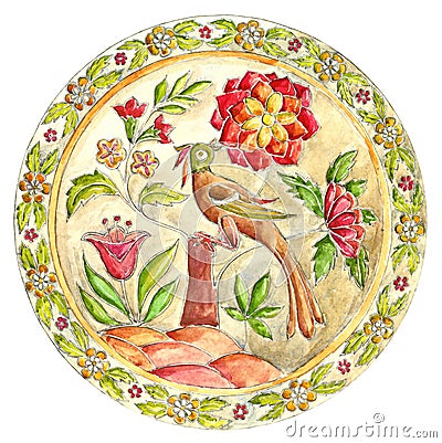 Fabulous bird. Decorative plate in Gzhel style. Russian painted ornament Stock Photo