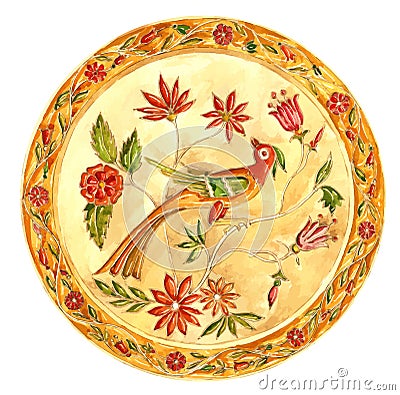 Fabulous bird. Decorative plate in Gzhel style. Russian painted Vector Illustration