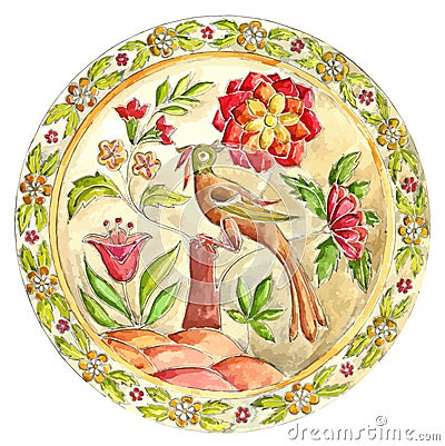 Fabulous bird. Decorative plate in Gzhel style. Russian painted Vector Illustration