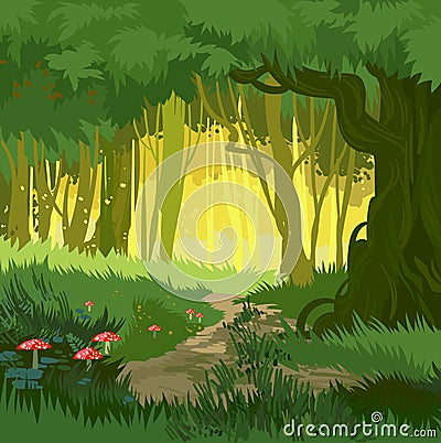 Fabulous bright green summer magical forest vector background mushrooms Vector Illustration