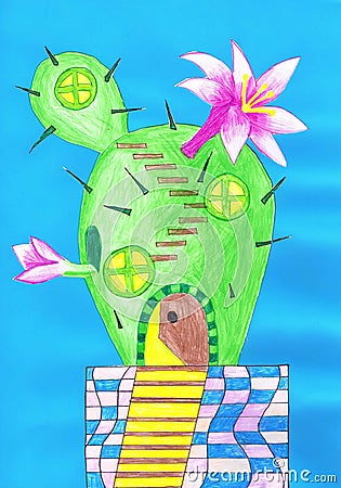 Fabulous cactus house. Children`s drawing-application Stock Photo