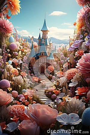 A fabulous castle surrounded by a fantastic meadow with wildflowers. Fairy tale. Cartoon Illustration