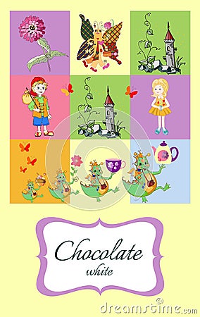 Fabulous chocolate. Packaging Layout. Flower, tower, boy, girl, butterfly, fantasy dragons with teapot, teacup and cake. Vector Illustration