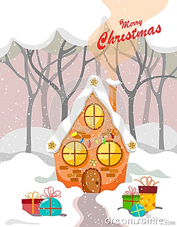 Fabulous Christmas house in the forest with gifts Vector Illustration