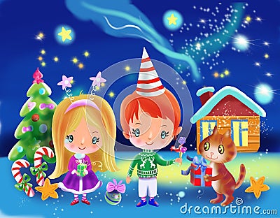 Fabulous cozy christmas. boy and girl on the background of the Christmas tree and the house, children`s illustration, Merry Christ Cartoon Illustration
