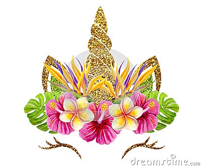 Fabulous cute unicorn face with golden gilded horn and beautiful tropical hawaiian flowers wreath isolated on white Stock Photo
