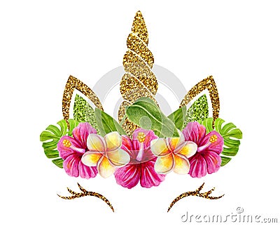 Unicorn face with golden horn in tropical flowers wreath Stock Photo