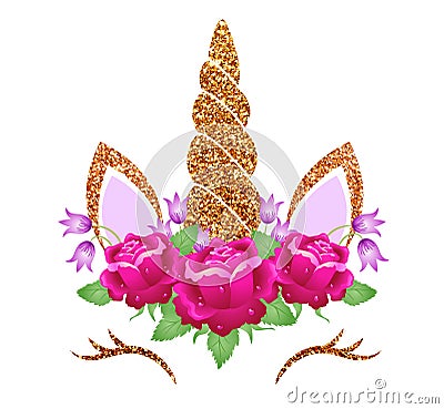Fabulous cute unicorn with golden horn and beautiful roses, bluebells flowers wreath isolated on white background Stock Photo