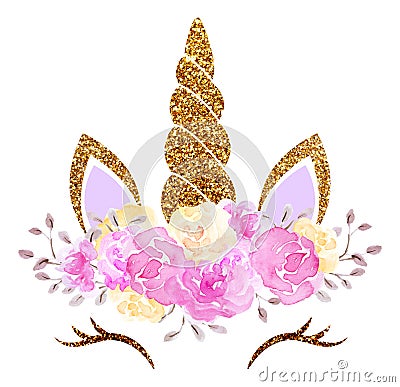 Fabulous cute unicorn with golden horn and beautiful roses flowers wreath isolated on white background Stock Photo