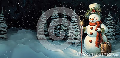 Fabulous elegant snowman in white hat and scarf in winter night forest among firs. Banner. Stock Photo