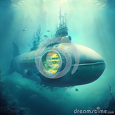 A fabulous fantasy submarine in the form of a huge whale with a large porthole sails. Concept art. AI generated Stock Photo