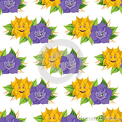 Fabulous flower from the fairy tale Alice`s Adventures in Wonderland. Seamless pattern of yellow and lilac roses Vector Illustration