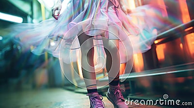 Fabulous free spirited teenager walking in colorful rainbow pastel dress and striped socks - generative AI Stock Photo