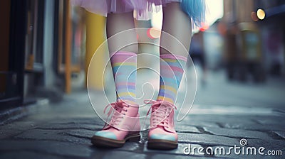 Fabulous free spirited teenager walking in colorful rainbow pastel dress and striped socks - generative AI Stock Photo