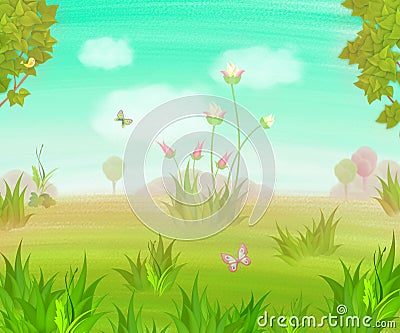 A fabulous garden with magical flowers, birds, trees in green and pink tones Cartoon Illustration