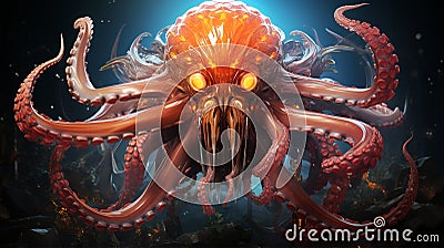 Fabulous giant octopus with futuristic style on dark background, drawing for children's book Stock Photo