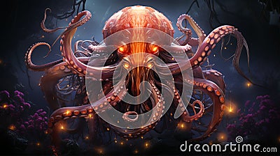 Fabulous giant octopus with futuristic style on dark background, drawing for children's book Stock Photo