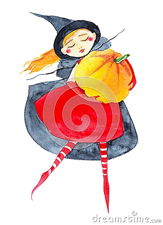A fabulous girl in a red dress and striped stockings, a black cloak and a cap, with a pumpkin in her hands, dancing hovering in Cartoon Illustration