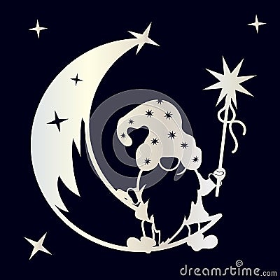 A fabulous gnome with a magic wand sits on the moon, legs dangling. Sublimation and cutting file Vector Illustration