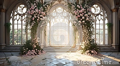 Fabulous Gothic palace, all in flowers and greenery. Wide staircases, columns and large windows in antique style, fairy tale Stock Photo