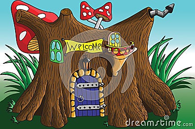 Fabulous home with mushrooms from the stump Cartoon Illustration
