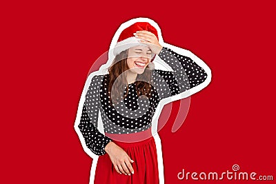 Fabulous joyful woman showing tongue and looking down laughs put hand on forehead. Magazine collage style with trendy color Stock Photo