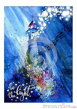 A fabulous lighthouse under water, incredible, magical bubbles and fish. Watercolor illustration, greeting card Cartoon Illustration