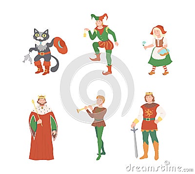 Fabulous Medieval Character from Fairytale with Pussy in Boots and Red Riding Hood Vector Set Vector Illustration