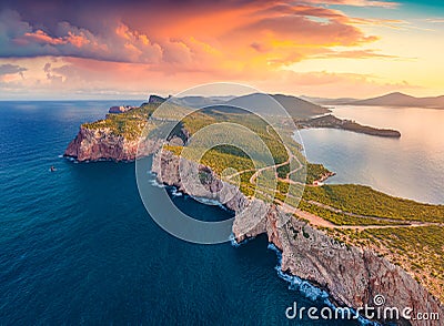 Fabulous morning view from flying drone of Caccia cape. Stock Photo