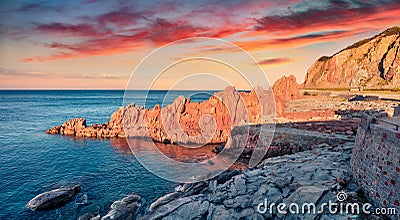 Fabulous morning view of Red Rocks Beach, Arbatax. Stock Photo