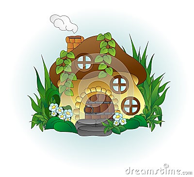 Fabulous mushroom house with round windows among the grass Vector Illustration