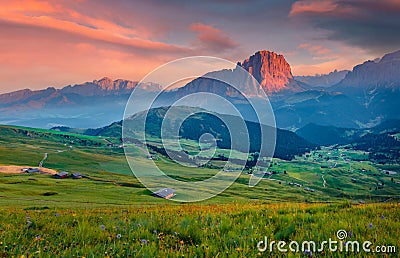 Fabulous summer view of Sassolungo Langkofel and Sella group, National Park Dolomites, South Tyrol, Italy, Stock Photo