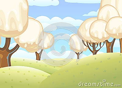 Fabulous sweet forest. Ice cream, drips of white milk cream. Clouds. Trees with chocolate trunks. Cute hilly landscape Vector Illustration