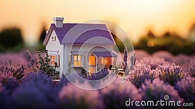 toy house, in the lavender field, Concept cozy home, cozy world.AI generated Stock Photo