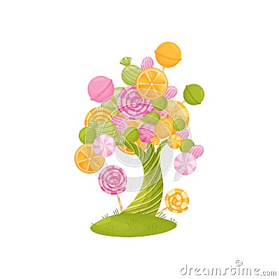 Fabulous tree with candy and orange slice on the branches. Vector illustration on white background. Vector Illustration