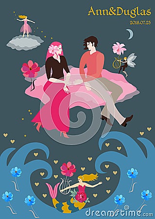 A fabulous wedding invitation. The bride and groom fly across the sky on pink clouds, a small winged elf plays the lyre, a fairy Vector Illustration
