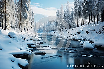 Fabulous winter landscape, a serene frozen river surrounded by coniferous forest Stock Photo