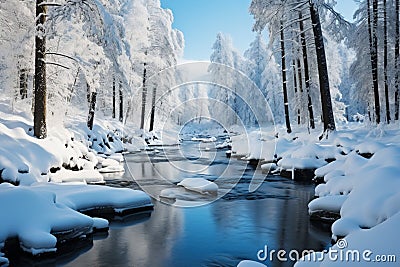 Fabulous winter landscape, a serene frozen river surrounded by coniferous forest Stock Photo