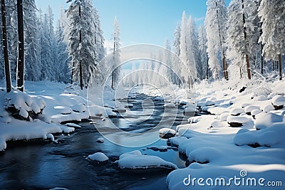 Fabulous winter landscape, a serene frozen river surrounded by coniferous forest Stock Photo