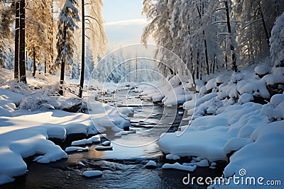 Fabulous winter landscape, a serene frozen river surrounded by coniferous forest Stock Photo