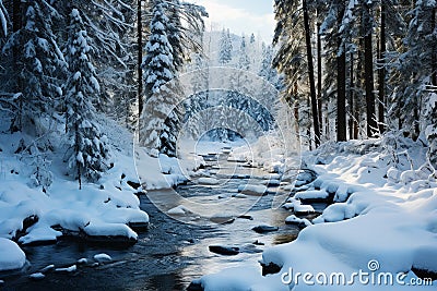 A fabulous winter landscape, a serene river, frozen and shining sparkles in the sun, surrounded by dark coniferous forest Stock Photo