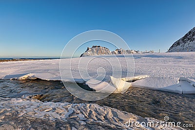 Fabulous winter scenery on Uttakleiv beach at morning Stock Photo