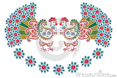 Fabulously beautiful white roosters with paisley-shaped wings and tails in the form of lush bouquets of blue flowers Vector Illustration