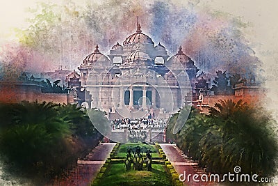 Watercolor painting of facade of a temple Akshardham in Delhi, India Stock Photo
