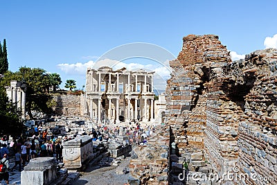 Facade of ancient Celsus Library in Ephesus, Turkey Editorial Stock Photo