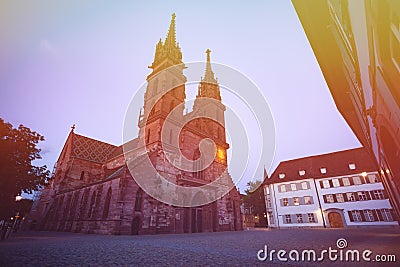 Basel Minster cathedral during sunset, Switzerland Stock Photo