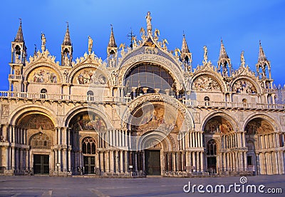 The facade of the Basilica di San Marco at dusk, Venice Stock Photo